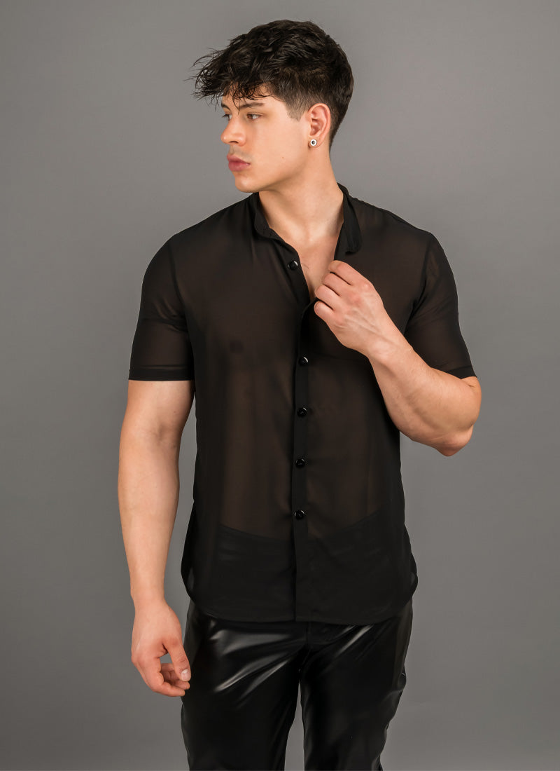 Camisa Praga negra con transparencias, vista lateral