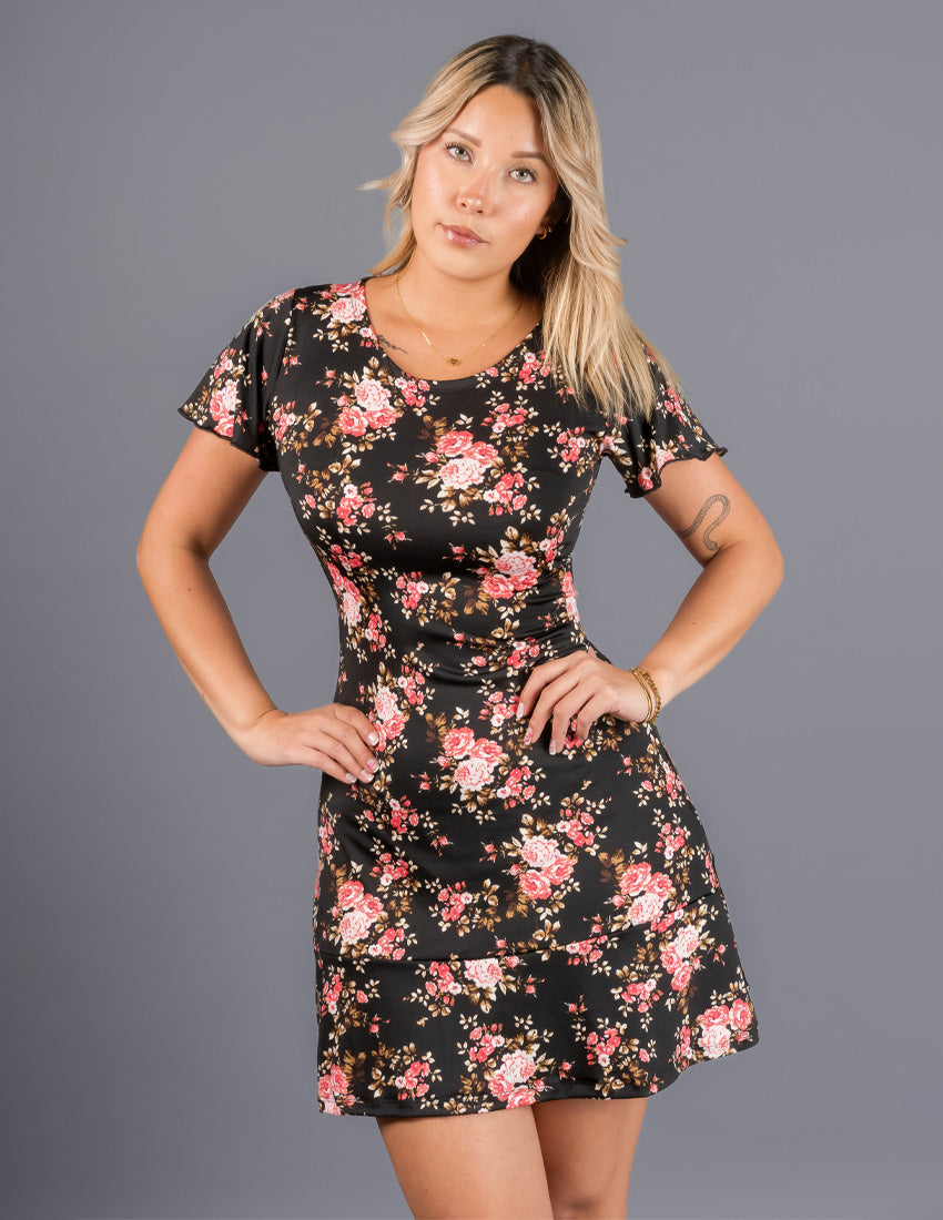 Vestido Marilyn floral negro manga corta lycra Kadoos