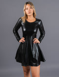 Vestido Sonia Cuerina negro manga larga silueta evasé