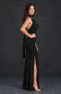 Vestido Dalia negro largo con lazo al cuello y abertura en la falda