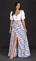 Falda Julieta floral azul, lila y rosado, vista completa