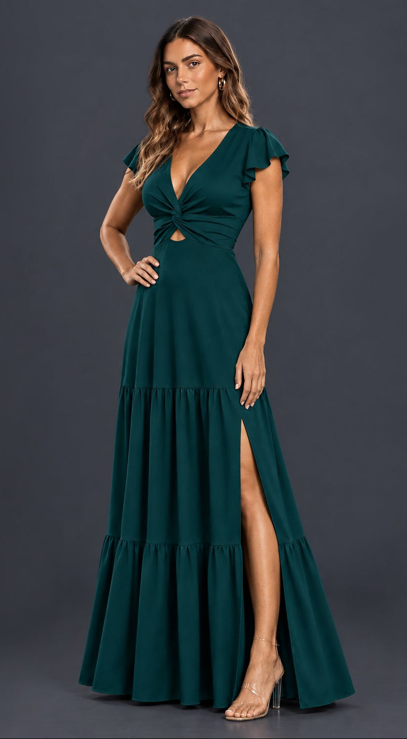 Vestido largo verde petróleo con mangas con vuelos y abertura lateral