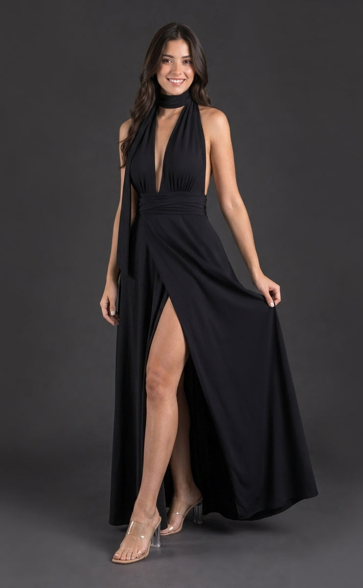Vestido Graciela negro, vista lateral que muestra la abertura y la caída larga