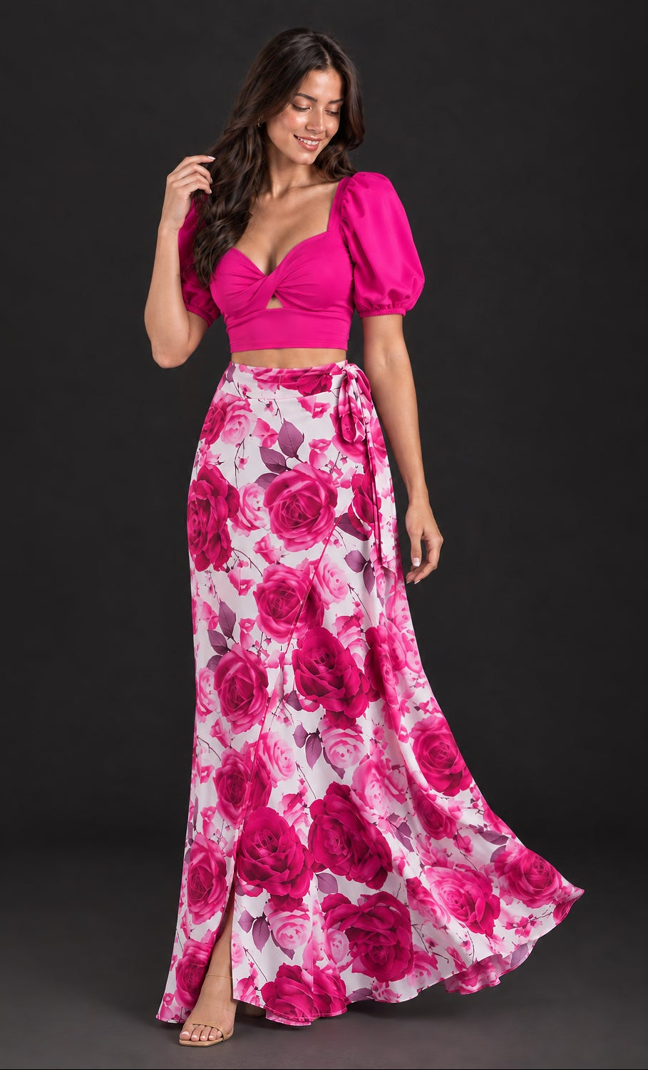 Falda Julieta de rosas fucsias, vista de cuerpo completo
