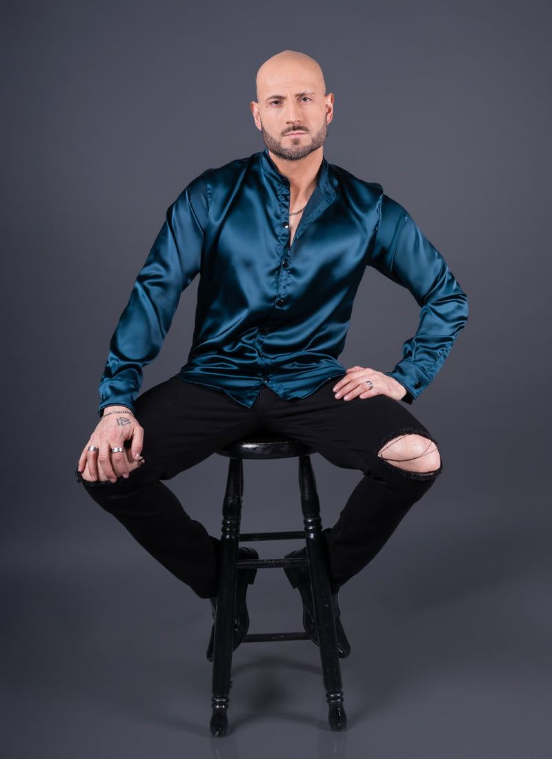 CAMISA DUBAI SATÍN VERDE PETRÓLEO Cod5438