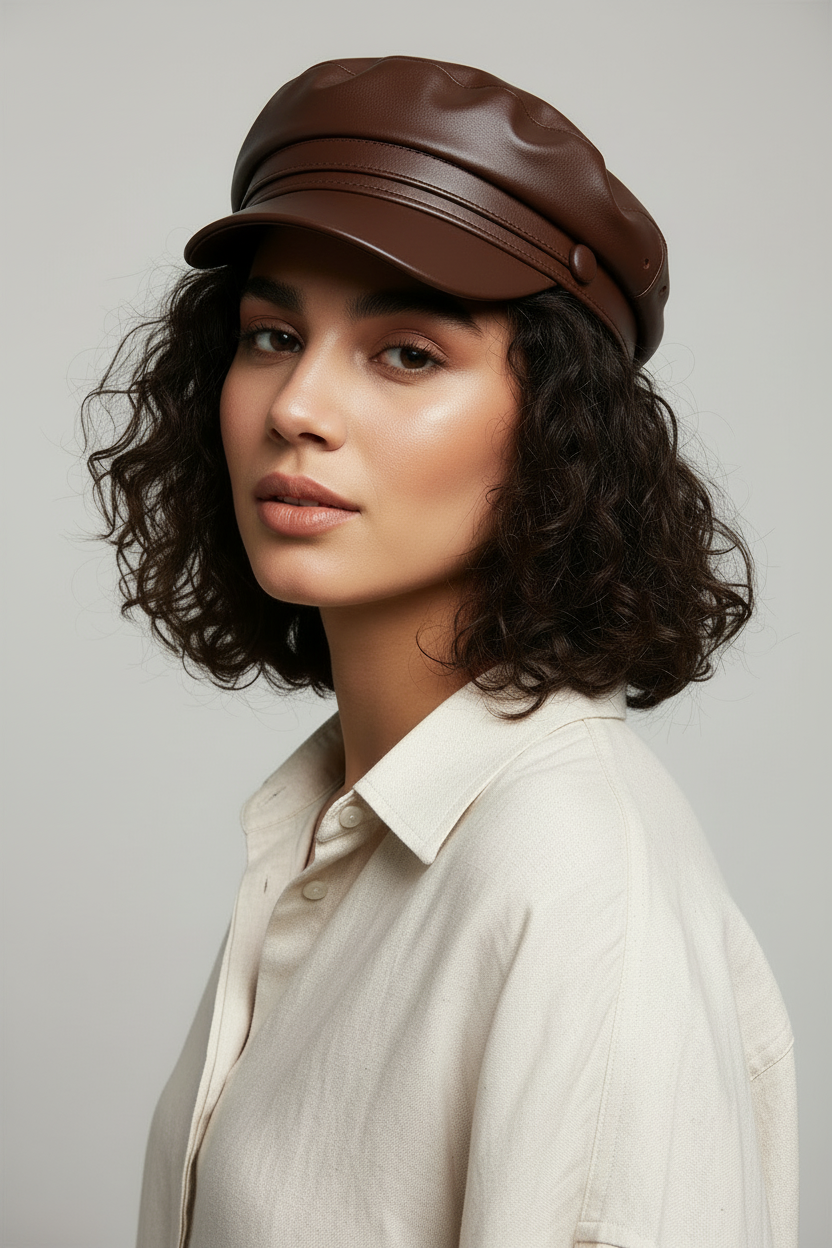 Gorro London café oscuro de ecocuero en una modelo diferente