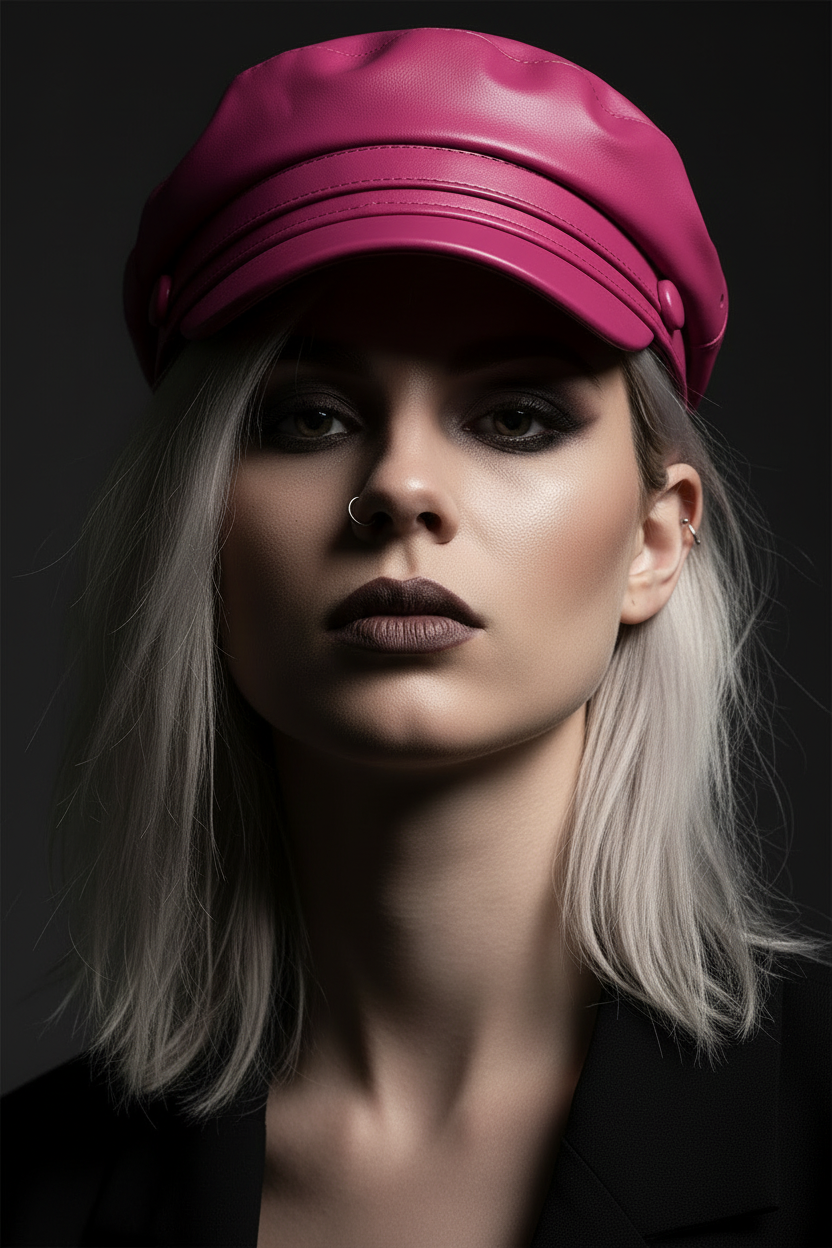 Modelo rockera rubia con gorra fucsia - pose 3