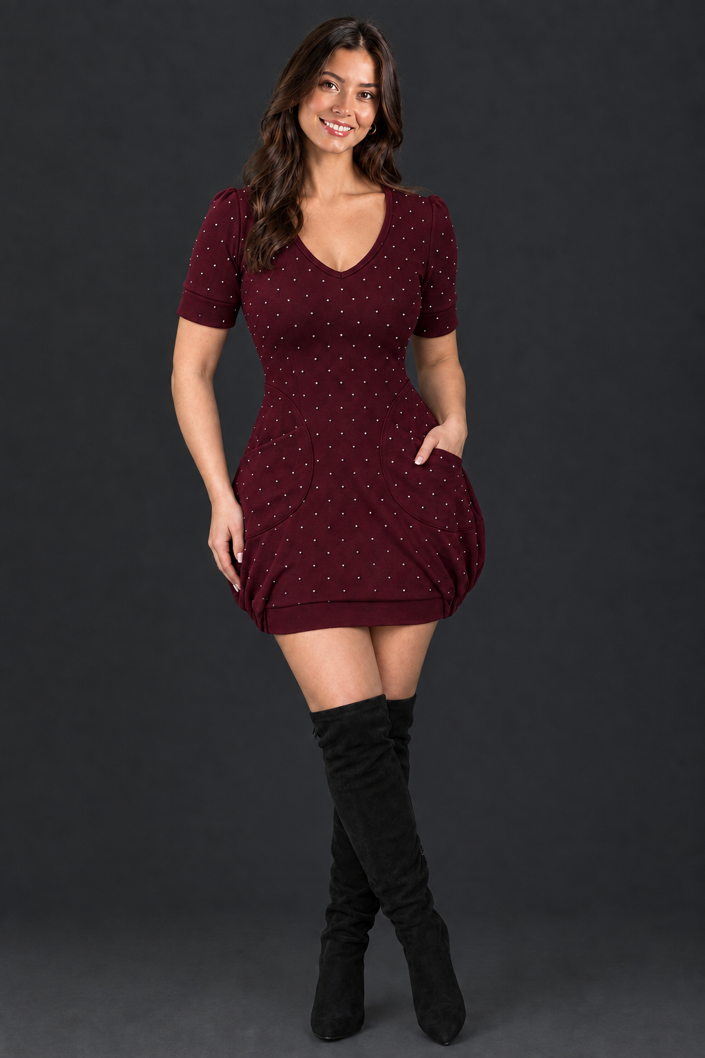 Vestido Katy burdeo con el rostro de tu otra modelo