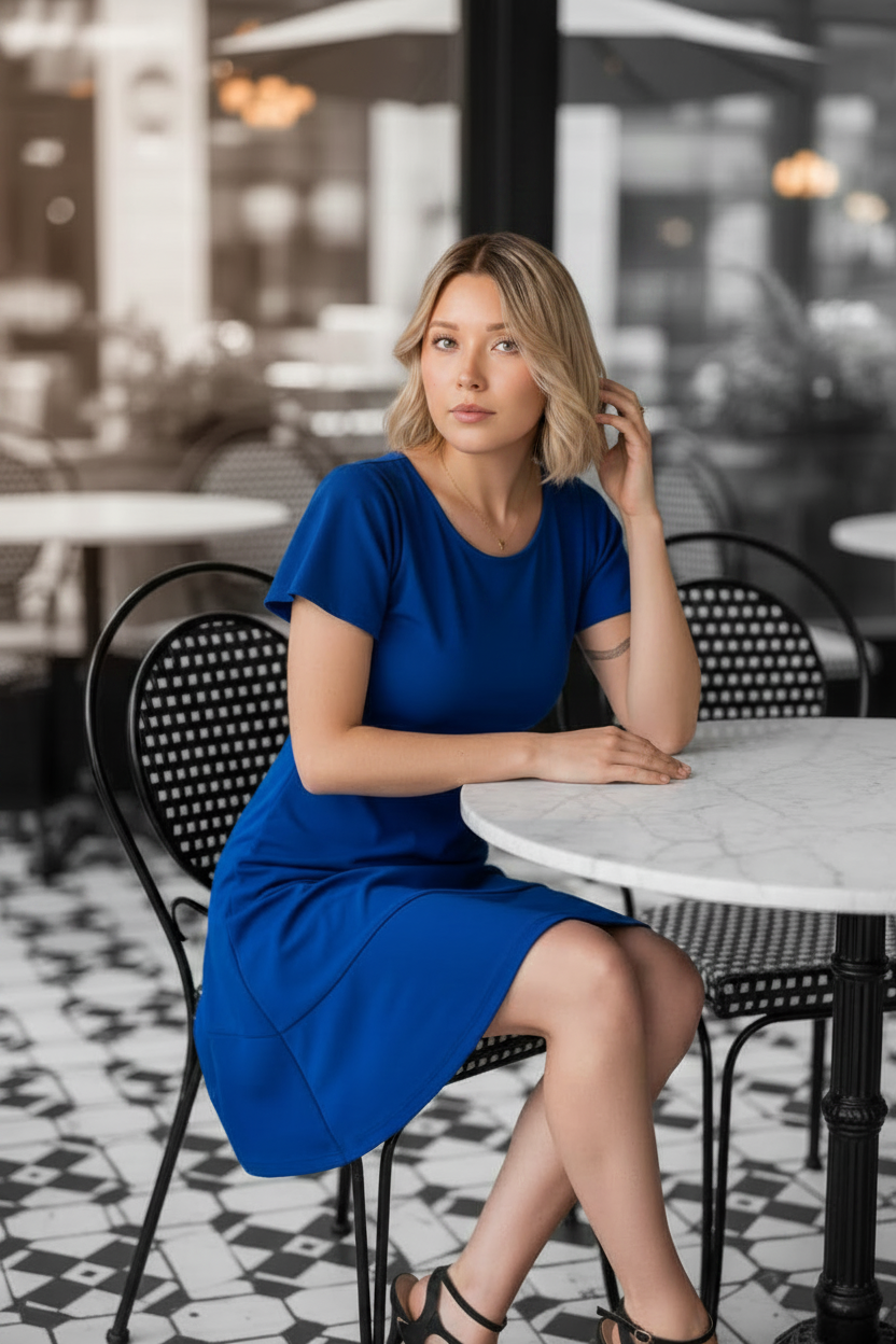 Vestido Marilyn Azul - Modelo rubia café